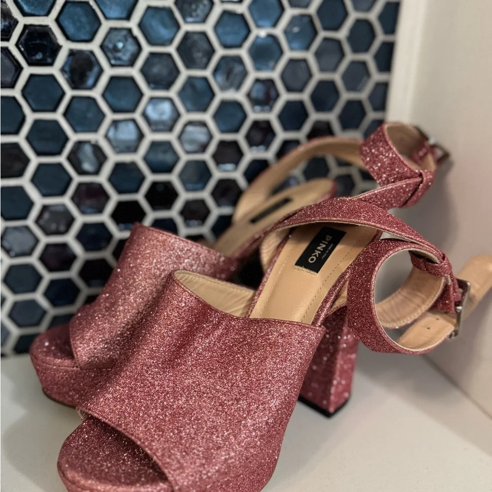 Pinko Rose Pink Glitter Platform Sandals